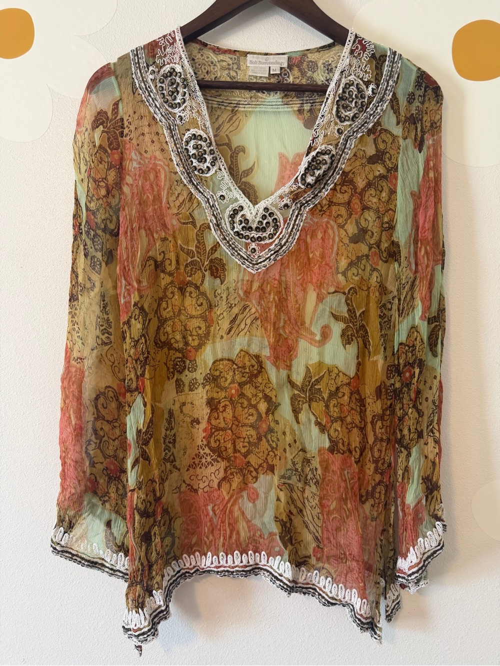 Soft Surroundings Vintage Y2K Tuscan Sheer Crinkle Teal & Pink Beaded Top